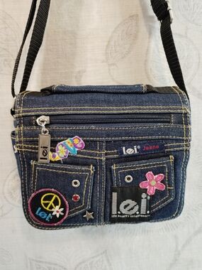 lei  Vintage Dark Blue Denim Crossbody Bag with Colorful Floral Patches